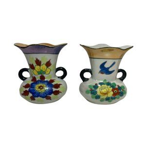 2 Vintage Vase With Handles Made in Japan Floral Blue Bird Lusterware Seiei Comp